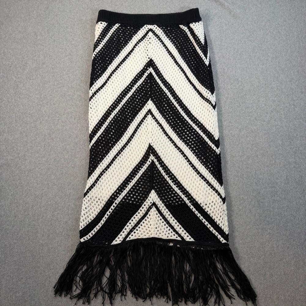 Willow & Wind Women's Large Black White Crochet Knit Fringe Maxi Skirt Boho